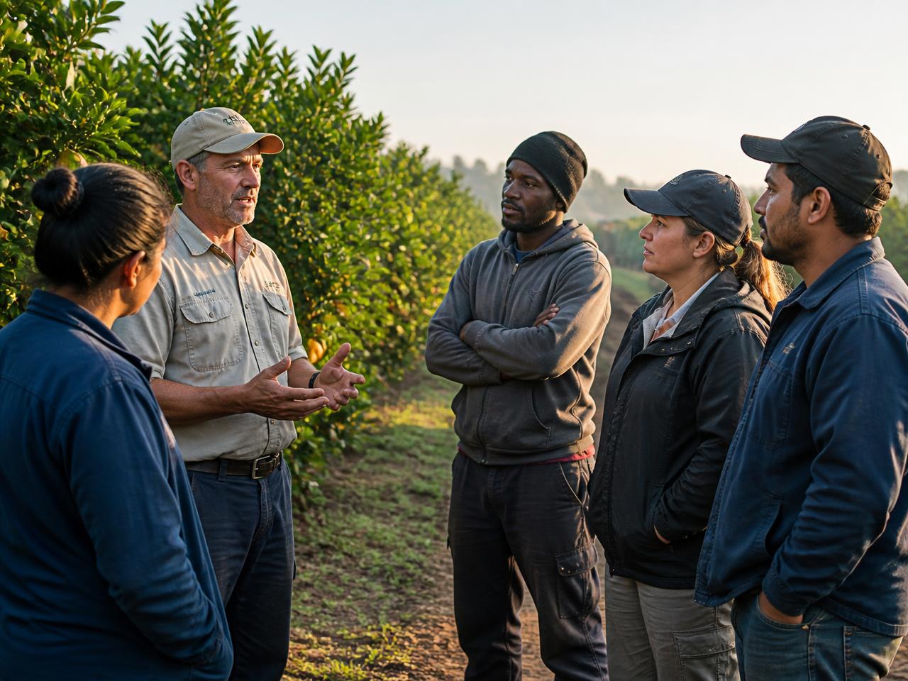 Farm supervisor giving a toolbox talk to a small crew beside citrus trees